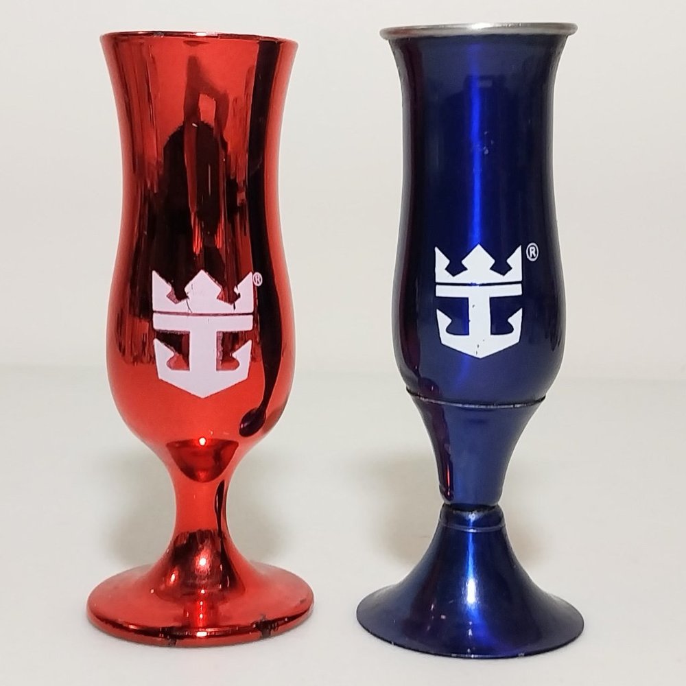 2 Royal Caribbean Cruise Line Shot Glasses "Loving Cup" Red & Blue #S007 - Picture 1 of 4